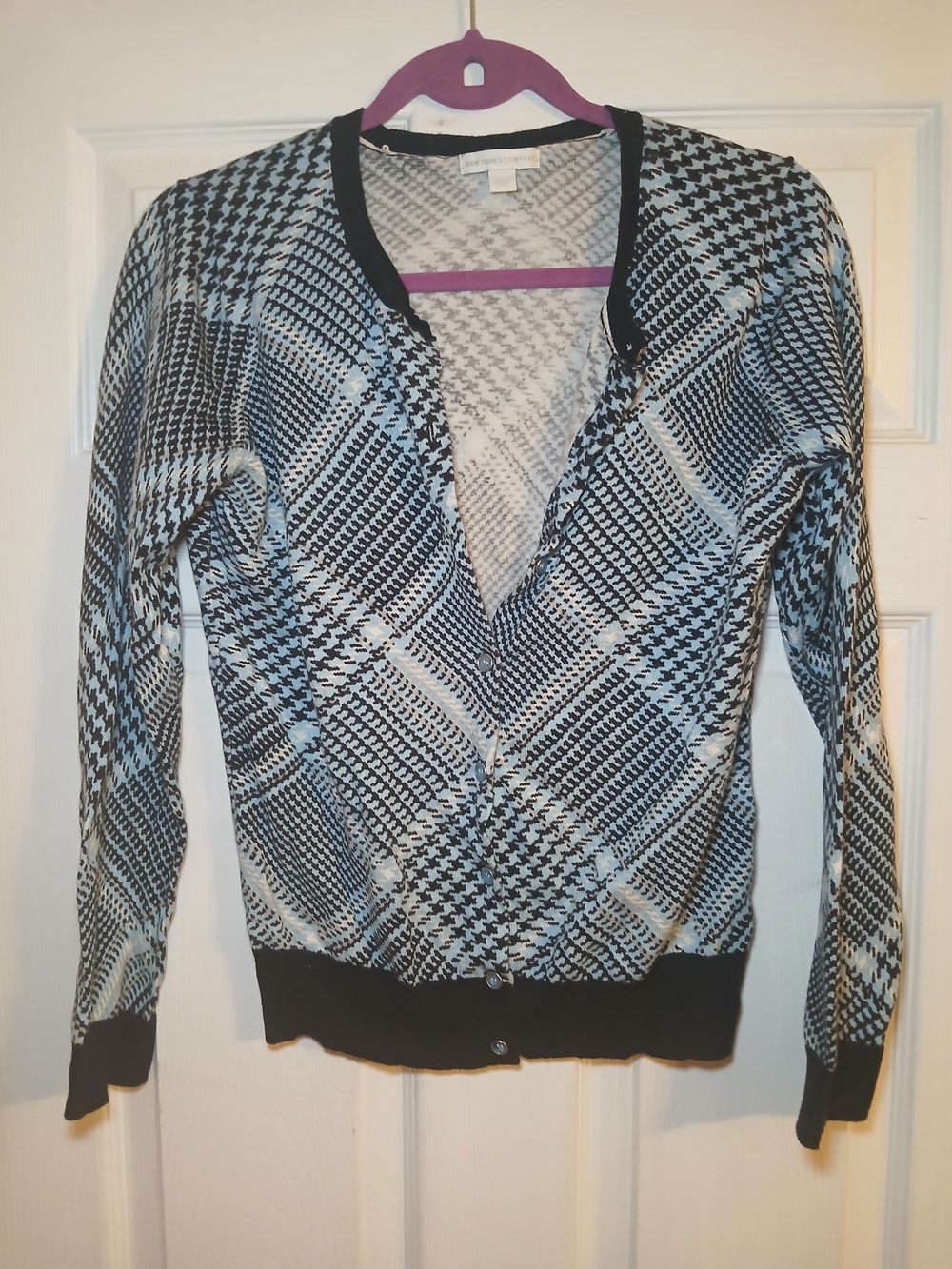 New York & Company Blue and Navy Houndstooth Button-Front Cardigan